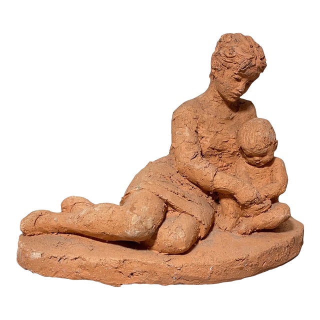Vintage Handmade Mother and Baby Terracotta Pottery Sculpture Statue Art Figural For Sale