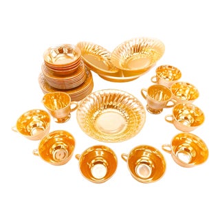 Vintage Mid-Century Iridescent Fire King Oven Ware Peach Lustre Dinnerware - 34 Piece Set For Sale