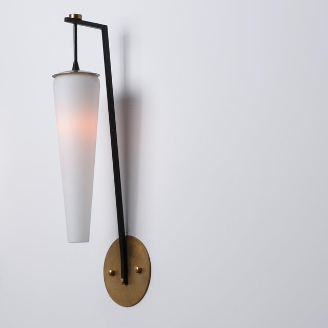 Large Vintage Italian Wall Sconce in Brass with Black Metal and Opaline Glass, 1950s For Sale - Image 6 of 8