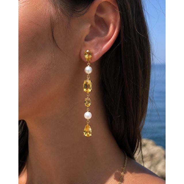 Metal Citrine & Pearl Drop Multi-Shape Earrings, Silver, Gold, Pair For Sale - Image 7 of 8