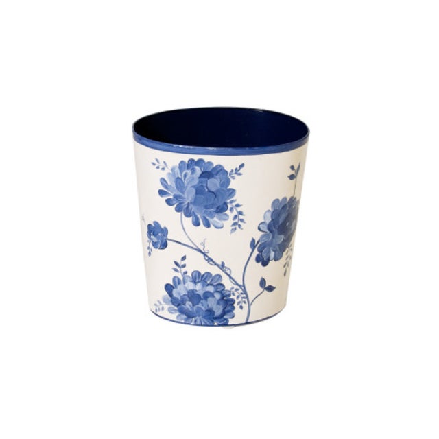 New special order item. Not vintage. Hand painted oval tole metal wastebasket with June blue hydrangea design on Ivory...