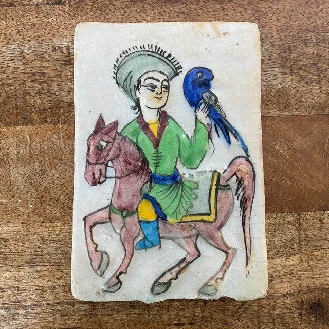 Antique Persian Isnik Style Painted and Glazed Decorative Tile With Horse and Falconer For Sale - Image 6 of 7