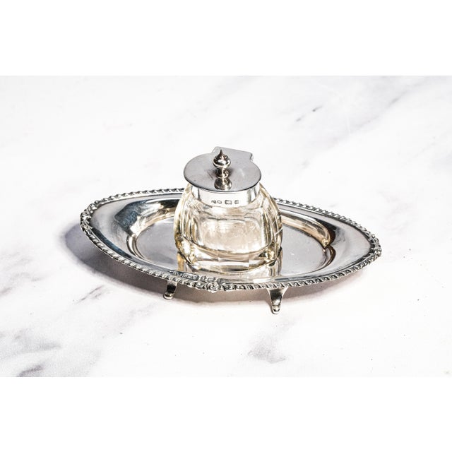 Traditional Lovely Edwardian English Antique Sterling Silver Crystal Inkwell Pen Tray Desk Office Home Decor For Sale - Image 3 of 18
