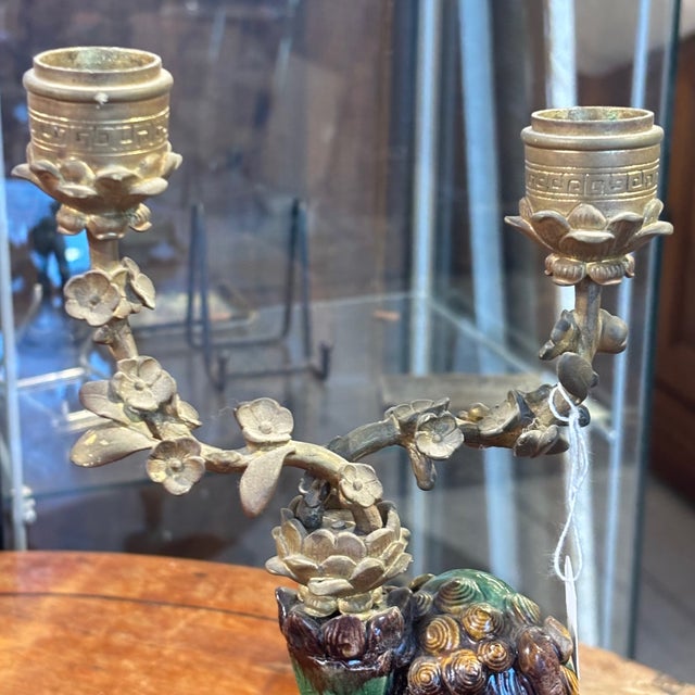 Antique Fo Dog Candleholders in Majolica and Bronze, 1800, Set of 2 For Sale - Image 3 of 15