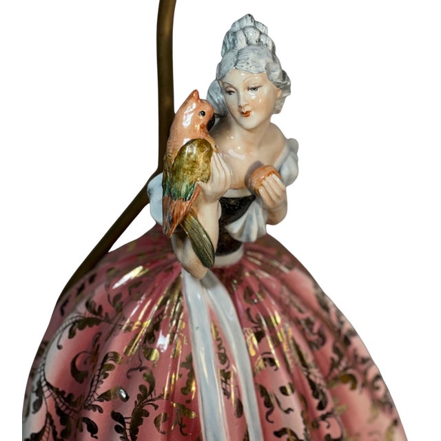 Bertolotti Capodimonte Signed Arturo Pannunzio Porcelain Rococo Lady With a Parrot Table Lamp For Sale - Image 15 of 18