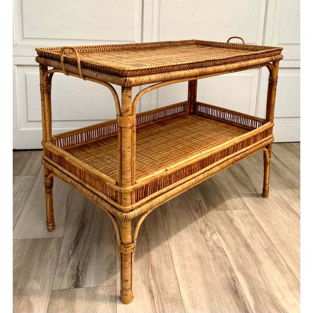 Vintage Bamboo, Rattan & Wicker Two-Tier Console Display Table With Tray Top For Sale - Image 4 of 15