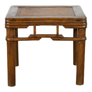 Chinese Qing Dynasty Early 20th Century Elmwood Side Table with Woven Rattan Top