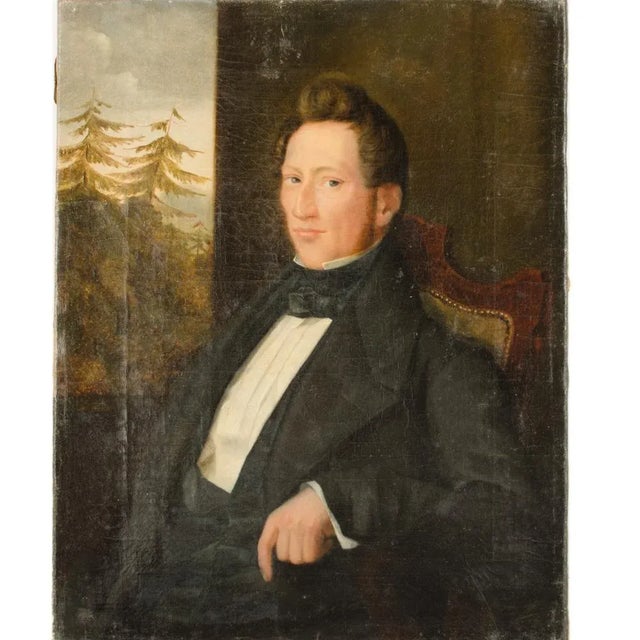 "Seated Man" - depicting a man wearing black neck tie, waistcoat and jacket seated near window with wooded landscape in...