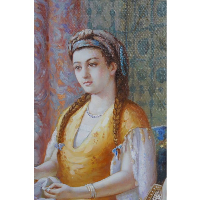 Late 20th Century Dreaminess After Dorofield Hardy Orientalist Ottoman Style Oil Painting Framed For Sale - Image 6 of 13