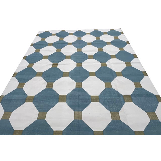 Mid-Century Modern Handmade Cotton Flat Weave Area Rug, Teal Blue, Cream and Olive Green Tile Dhurrie - 8'x10' For Sale - Image 3 of 13