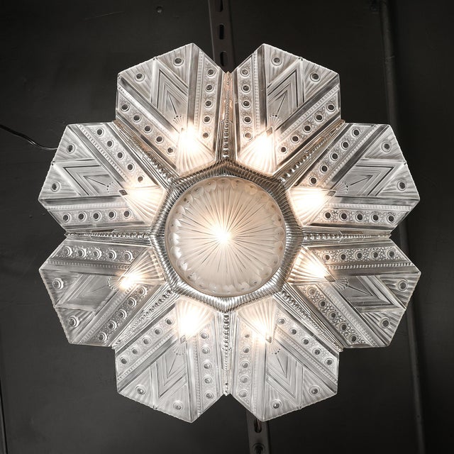 Art Deco Frosted Glass Cubist Geometric Detail & Fluted Chandelier Signed Leleu For Sale - Image 16 of 18