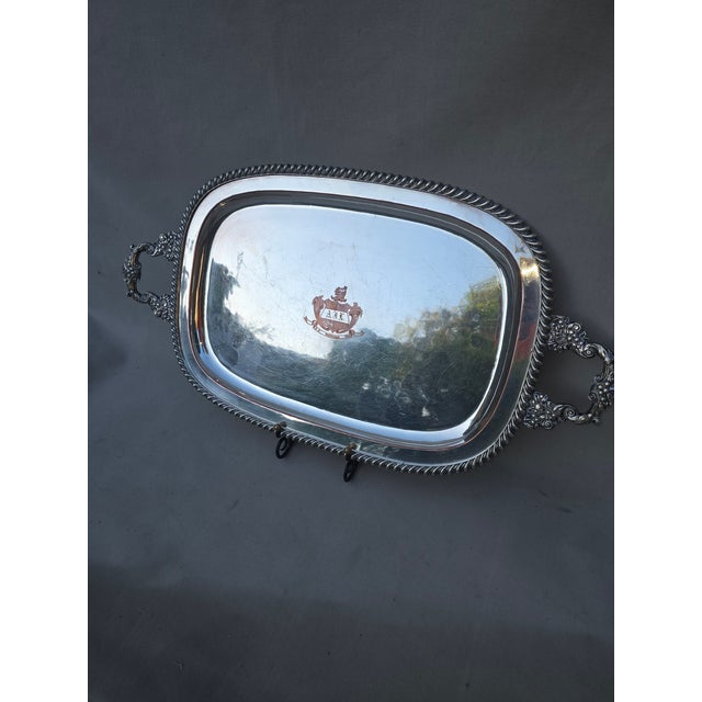 English Large Silver Plated Tray With Handles For Sale - Image 3 of 15