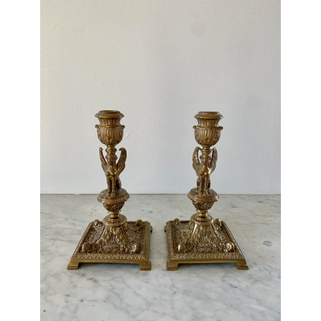19th Century Egyptian Revival Gilt Bronze Sphinx Candlestick Holders, Pair For Sale - Image 12 of 12