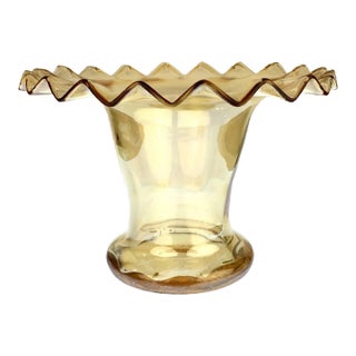 Large 1960s Amber Ruffled or Accordion Edged Yellow Art Glass Flower Vase For Sale