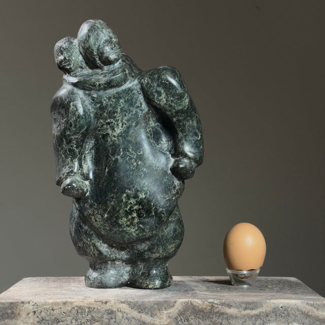 Vintage Folk Hand Carved Inuit Figurative Serpentine Green Marble Sculpture For Sale - Image 9 of 9