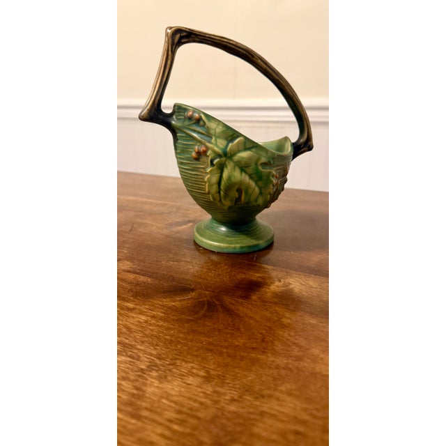 Mid 20th Century Roseville Bushberry Green Art Pottery Basket For Sale - Image 11 of 12