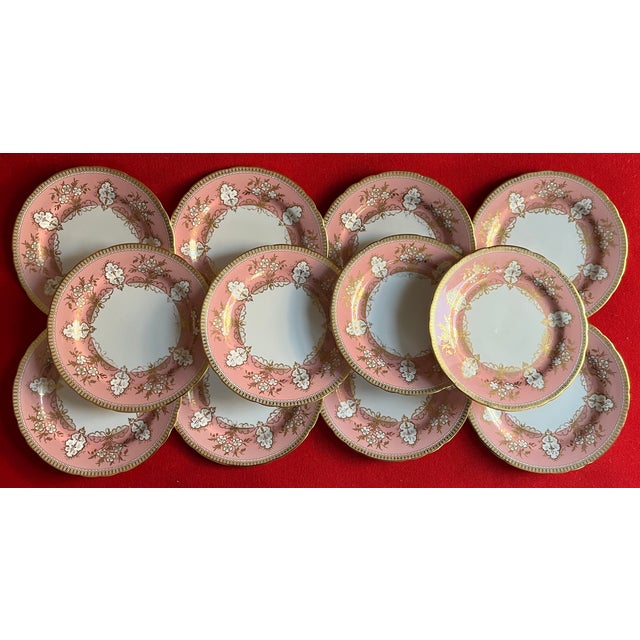 Aynsley Pink & Gold Foliage English Bone China Porcelain 8 3/8" Plates - Set of 12 For Sale - Image 11 of 11
