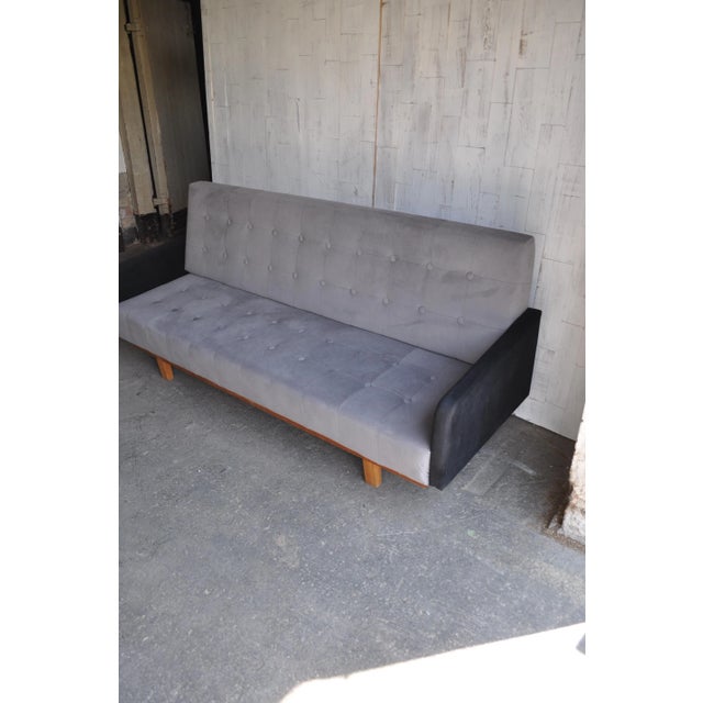 Mid Century Sofa Professionally Reupholstered Professionally reupholstered in grey and black velvet Size 205x85x72