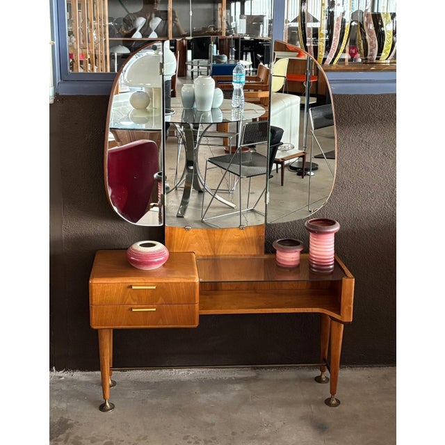 Low dresser in veneered walnut, with brass details and detachable mirror, made by Zijlstra Joure in the Netherlands, by...