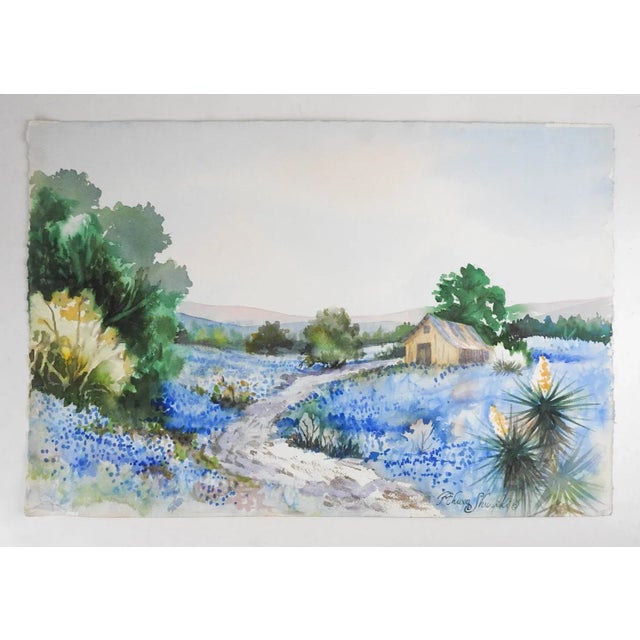 Rustic Late 20th Century Bluebonnet and Farm Landscape Watercolor Painting For Sale - Image 3 of 3