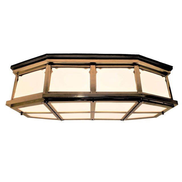 Mid-Century Modern Mid 20th Century Large Industrial Brass and Glass Flush Mount For Sale - Image 3 of 13