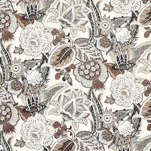 Schumacher Zanzibar Linen Print Fabric in Ebony & Mocha For Sale