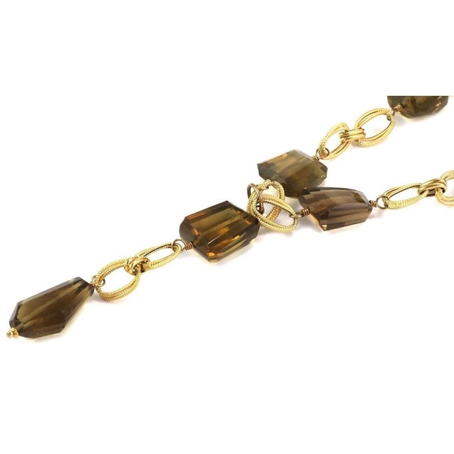 Contemporary Mid 20th Century Smoky Quartz Fancy Oval Link 14k Yellow Gold Lariat Necklace For Sale - Image 3 of 6