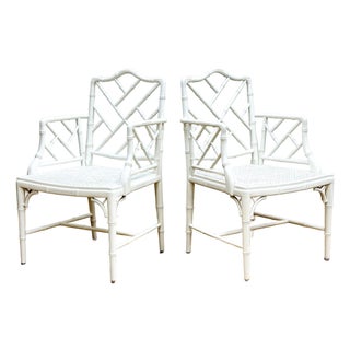 Vintage White Faux Bamboo Chinese Chippendale Arm Chairs, a Pair For Sale
