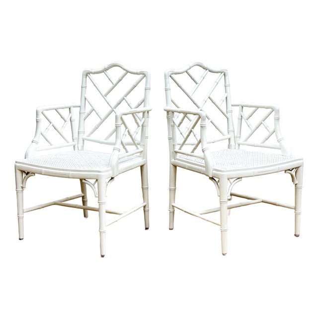 Vintage White Faux Bamboo Chinese Chippendale Arm Chairs, a Pair For Sale