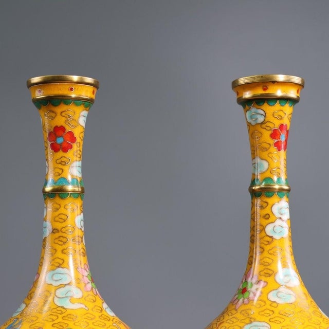 Late 19th Century Pair of Yellow Cloisonné Enamel Dragon and Phoenix Vases For Sale - Image 9 of 9