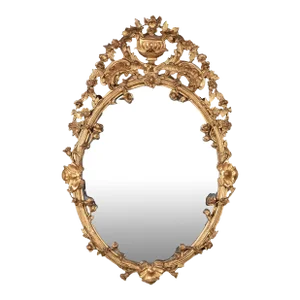 Carved French Giltwood Oval Mirror With Urn Crest and Floral Garlands, Circa 1870