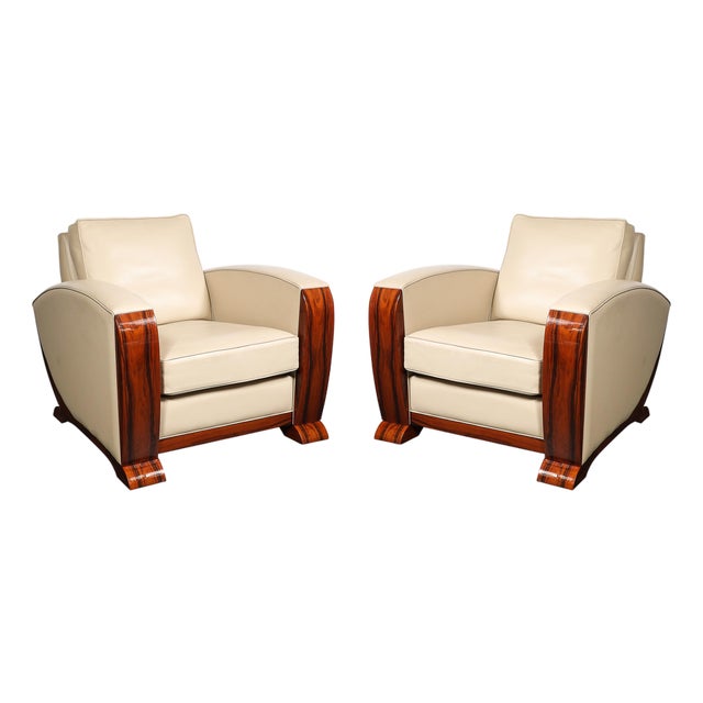 Pair of Art Deco Club Chairs in Palisander & Edelman Cream Leather For Sale