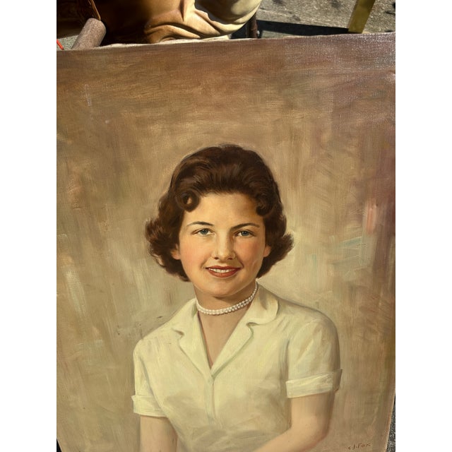 Vintage Portrait Painting of a Woman on Canvas, Signed by the Artist For Sale - Image 4 of 9