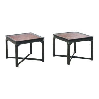Pair of Drexel Heritage Green Asian Side Tables With Leather Tops For Sale
