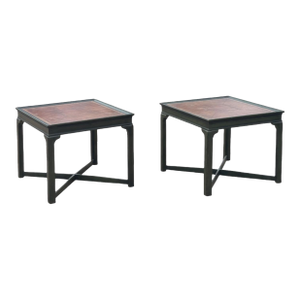 Pair of Drexel Heritage Green Asian Side Tables With Leather Tops