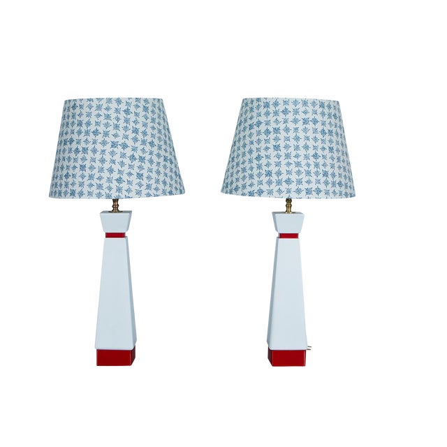 Mid-Century Red and White Lamps - A Pair | Chairish