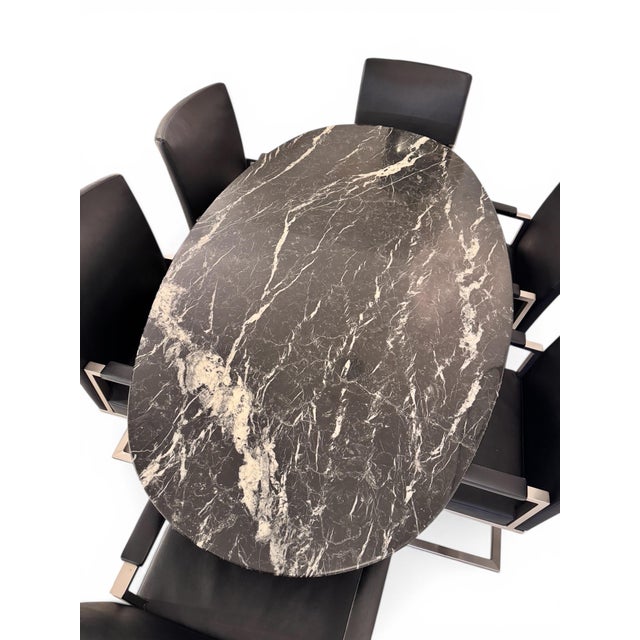 Italian Black Marble Dining Suite with Leather, 1980s, Set of 7 For Sale - Image 9 of 10