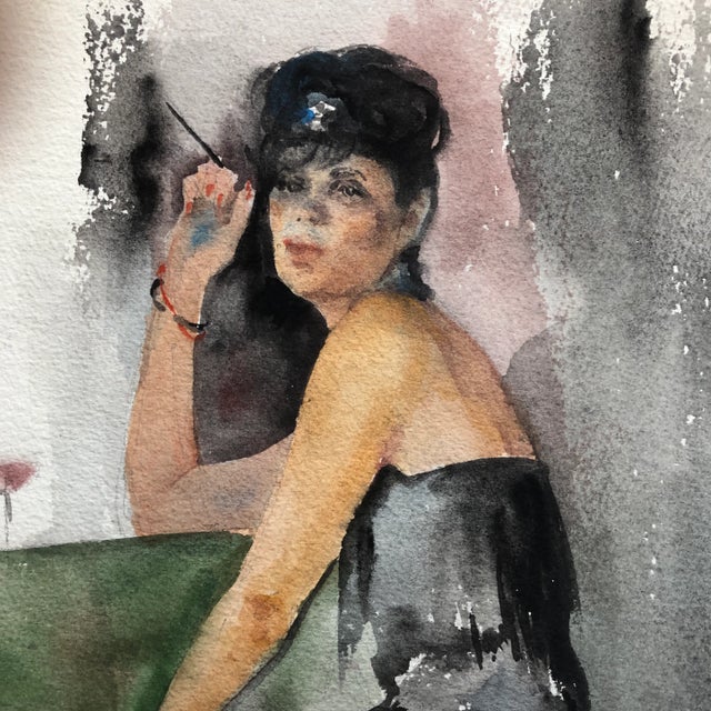 1980s Original Vintage Watercolor Female Portrait Bar Scene For Sale - Image 5 of 6
