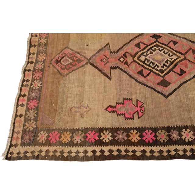 1960s Vintage Turkish Kilim Tan Handmade Tribal Wool Rug For Sale - Image 4 of 10