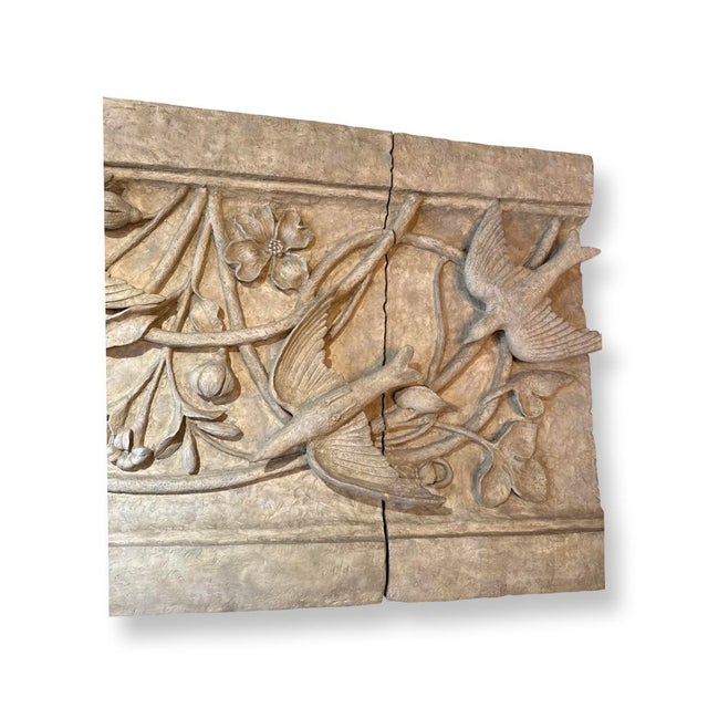 Vintage Italian outside or inside Decorative Panel divided into 3 parts with swallows fruits and flowers design.