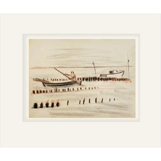 Mid 20th Century Mid-Century Modern Vintage French Charcoal Drawing on Paper of Man in Boat, Coastal Landscape With Mat For Sale