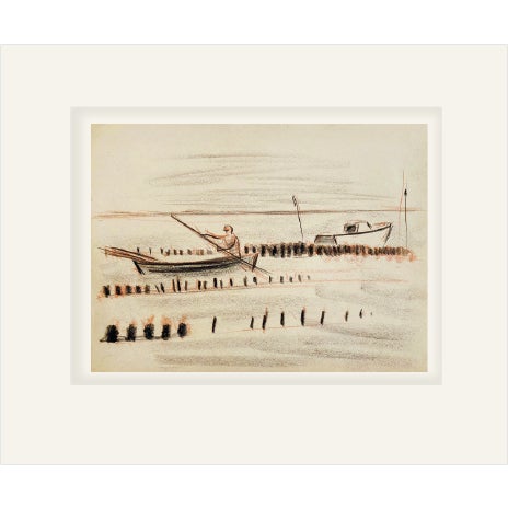 Mid 20th Century Mid-Century Modern Vintage French Charcoal Drawing on Paper of Man in Boat, Coastal Landscape With Mat For Sale