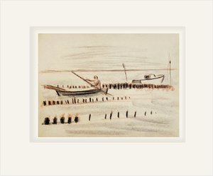 Mid 20th Century Mid-Century Modern Vintage French Charcoal Drawing on Paper of Man in Boat, Coastal Landscape With Mat