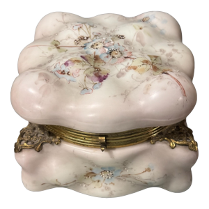 Antique Victorian Wavecrest Hand Painted Floral Decorated Art Glass Dresser Box