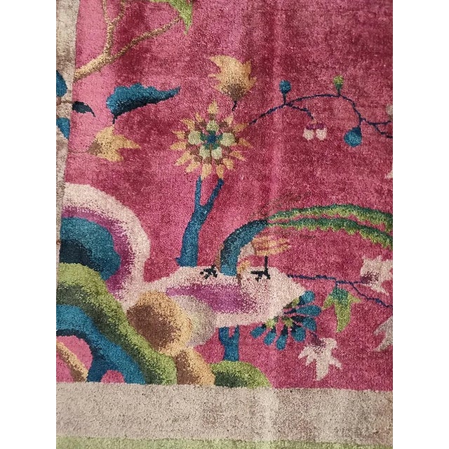 1920s Raspberry Pink Open Field Floral Antique Chinese Art Deco Carpet Wool Rug For Sale - Image 12 of 12