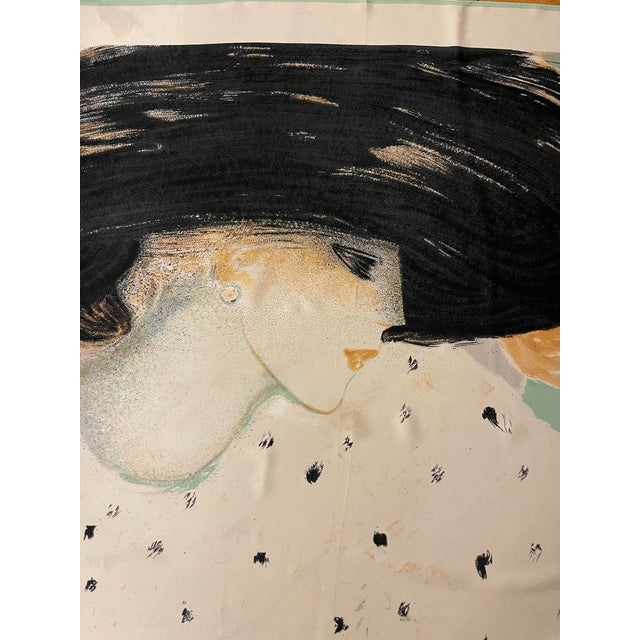 Silk scarf by Jean-Pierre Cassigneul, 1988 This charming silk scarf depicts a woman in profile wearing a large hat. In the...