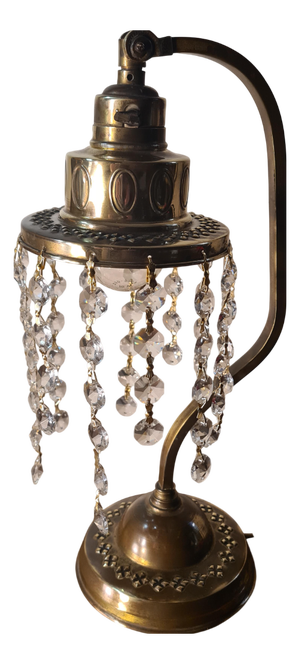 Antique Brass Lamp with Crystal Pendants, 1900s-1920s