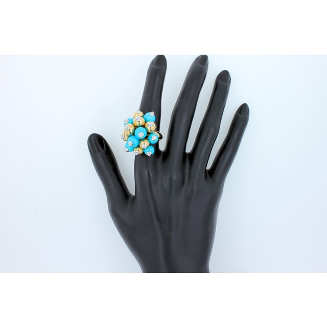 Blue Blue Turquoise Diamonds Golden Spheres Balls Christmas Bells Motif 18k Gold Ring, Size 7 For Sale - Image 8 of 18