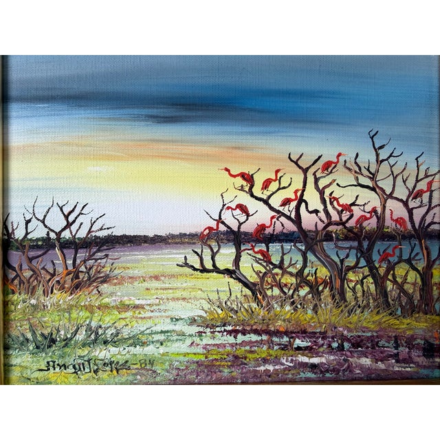 1980’s Vintage Flamingos Mangroves Coastal Impressionist Oil Painting on Canvas – Framed For Sale - Image 4 of 11