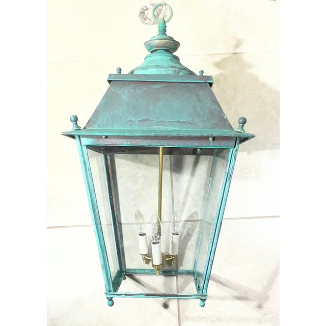 Antique Restored Copper & Brass Hanging Lantern, Hexagonal/Square Fixture For Sale - Image 12 of 14
